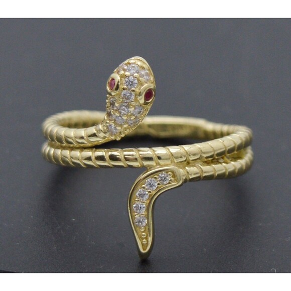 Real 10K Solid Yellow Gold Shiny CZ Snake with red Eyes Ring 4.2gr All Sizes